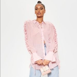 Pink Chiffon Ruffle Sleeve Blouse
